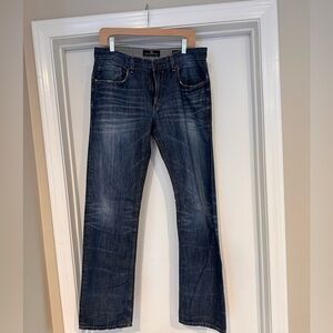 Kasil Workshop Davidson Straight Leg Distressed Dark Wash Blue Jeans 32 (32x30)